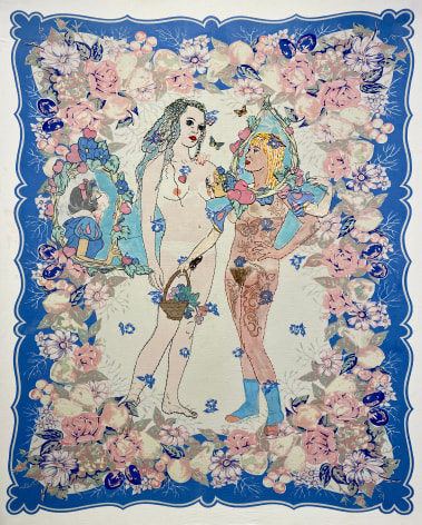 Two nude full length female figure set on a floral blue background with hand stitching