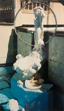 Lydia See  Sculptures at Hearst Castle (Anita, 2001), 2016  Step stitch embroidery, family photograph  7h x 4w in, $250, photographs of stone sculpture, with stitched circle