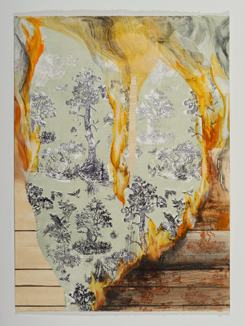 Margaret Curtis  Burning Toile, 2021  Gouache on paper  30h x 22w in 76.20h x 55.88w cm  MC_068, vertical work on paper featuring peeling toile wallpaper on fire