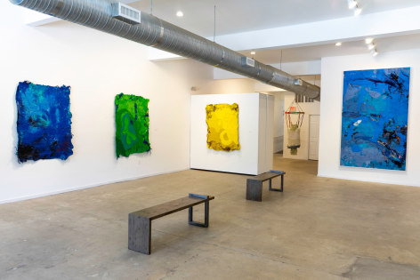 Installation view of Randy Shull: SIESTA including the works Moment in Blue, Jungle Vision, Yellow City and Big Blue