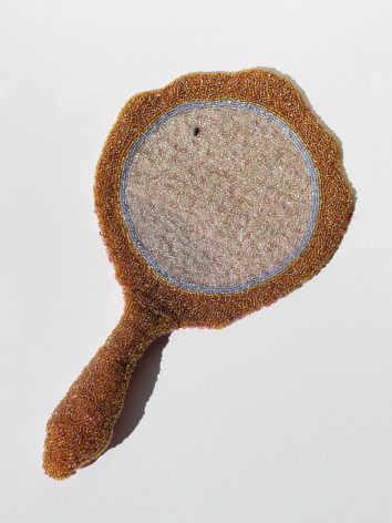 soft beaded sculpture of a vintage hand mirror (brown, gold and silver beads)