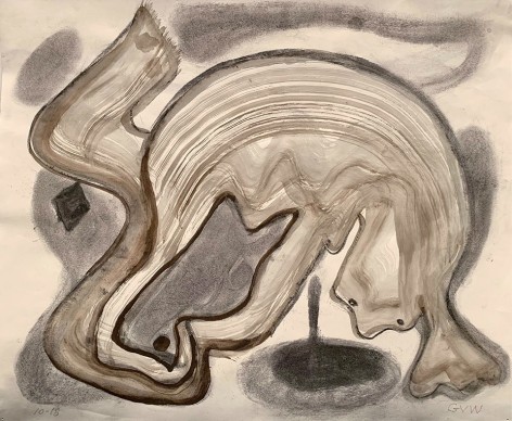 Gerald van de Wiele  Jump Start, 2018  Watercolor and charcoal on paper  14h x 17w in. small horizontal abstraction in gray and charcoal