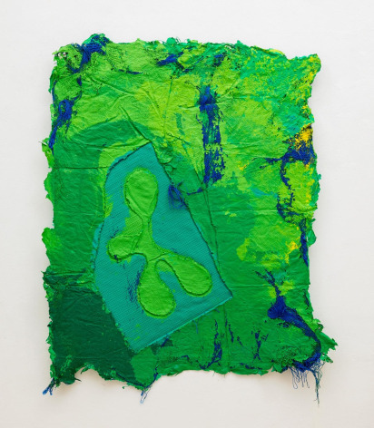 Randy Shull  Jungle Vision, 2021  Acrylic on hammock  66h x 50w in 167.64h x 127w cm  RS_037, Dark and light green abstraction with floral like fabric cut-outs, texture and fringe from nylon hammocks