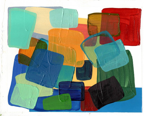 abstract work on paper with several layers of colored square and rectangles