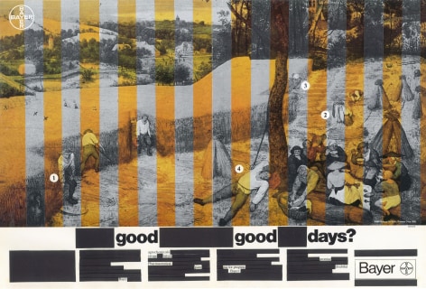 Good Good Days, 2022  from the series&nbsp;Science for a Better Life Collage on 1984 Bayer advertisement  11.5 x 16.5 inches, alternating black and white and color collage on an advertisement featuring an image of &quot;The Harvesters&quot; by Pieter Bruegel the Elder