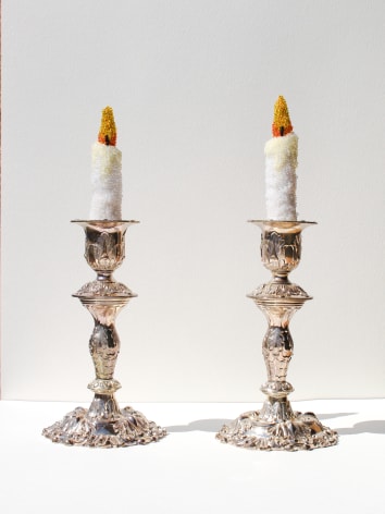 two beaded taper candle sticks in found silver holders