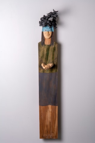 Plank wood sculpture of figure, by Sachiko Akiyama