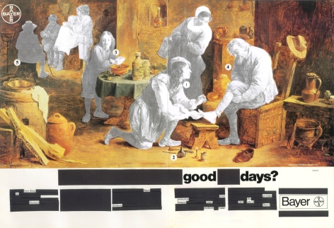 Rectangular collage on 1984 Bayer advertisement displaying text 'Good days?'.