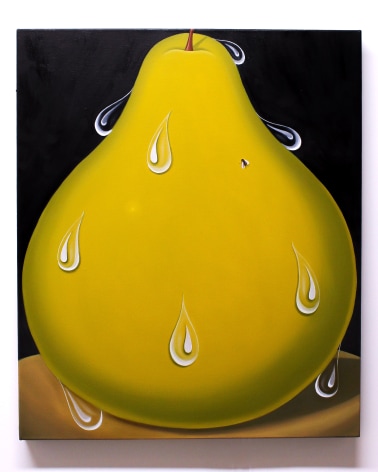 A ripe green pear sits on a brown surface with multiple water droplets. The image is fills the picture plane, as if bursting from the edges of the canvas.