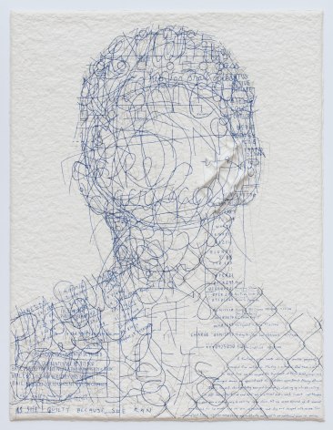 Headshot with blue line, text, and embedded chainlink fence, by Ben Durham