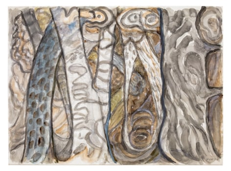 Gerald van de Wiele  The Watching Woods, 2019  Watercolor and charcoal on paper  18h x 24w in, horizontal abstraction of a forest scene, neutral colors