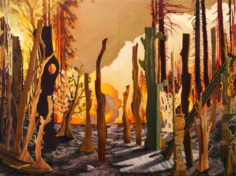Large scale painting of plywood forest by Margaret Curtis