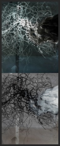 A positive and negative image of a tangled net.