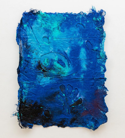 Randy Shull  Moment in Blue, 2021  Acrylic on hammock  60h x 48w in 152.40h x 121.92w cm  RS_035, dark and light blue abstraction, with texture and pieces of nylon hammock