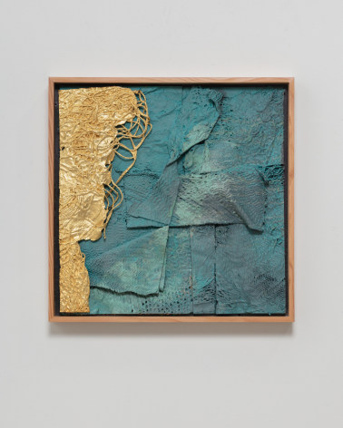 Abstract teal and gold collage with hammock, by Randy Shull