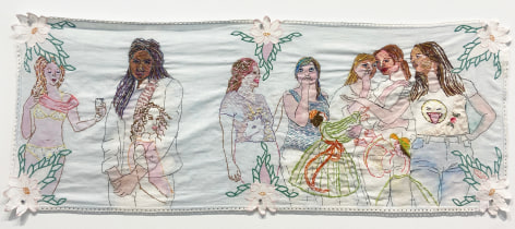 Embroidered image of a group of young women in various 3/4 lenght poses