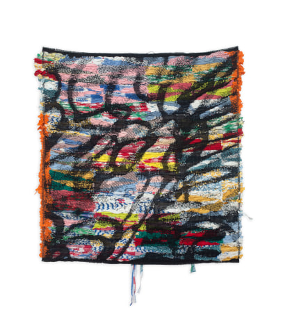 Colorful woven wall tapestry, by Rachel Meginnes