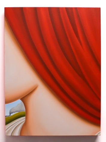 The side profile of a young woman's chin and neck, a red curtain acts like hair and hides all facial features