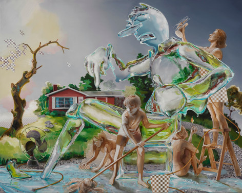 Margaret Curtis  The Ice Sculpture, 2019  Oil, pencil, watercolor and spray paint on panel  48h x 60w x 2d in 121.92h x 152.40w x 5.08d cm, painting of a family melting an ice sculpture the oppressive family patriarch
