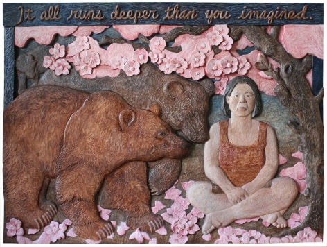 Sachiko Akiyama  Deeper Than You Imagined, 2012  Wood and Paint  49h x 36 1/2w x 2d in. a relief sculpture carved into wood depicting two bears and a female figure sitting beneath a tree amongst a flourish of pink flowers
