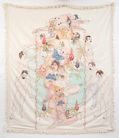 Hand embroidered vintage fabric with overlapping nude figures and other imagery