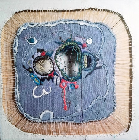 Nava Lubelski  In There, 2021  Stitching and acrylic paint on denim  12h x 12w in ​