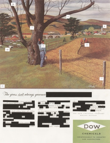 Rectangular collage on 1950 Dow Chemical magazine advertisement displaying text 'The Grass Isn't Always Greener'.