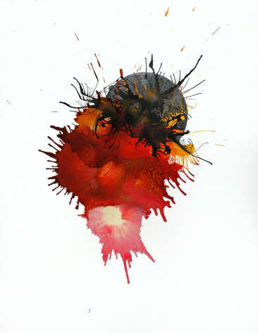 Ben Nixon Paper Wasp, 2021, yellow, red, pink and black abstraction with large graphite sphere
