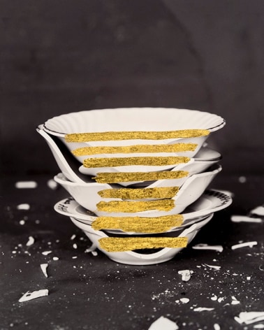 James Henkel  Repaired Stack of Bowls (Gold), 2018  Archival Pigment Print with Gold Leaf  10h x 8w in  Unique, Contemporary Art, Photography, gold leaf, vessels