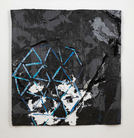 Randy Shull  Mundo, 2021  Acrylic on hammock mounted to panel  77h x 70w in 195.58h x 177.80w cm  RS_039, deep, dark blue abstraction with teal and white patterns like a geodesic dome, texture and fringe from nylon hammocks