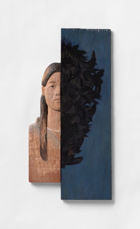 Wall sculpture half forward facing portrait of an asian american female the other half is a painted flock of birds