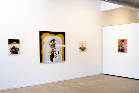 Four paintings by Luke Whitlatch. From left: Welcome to the Aftermath, Who is the Captain and Where do His Friends Live, West to East I Left Some Bones for the Beast, King of the Dustup