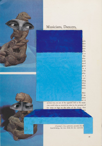 Randy Shull  Musician Dancers II, 2018  oil, collage on paper  11h x 9w in 27.94h x 22.86w cm  unique  RS_009, blue shapes painted over aztec sculptures in a spanish art history book