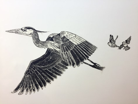 Sachiko Akiyama  The Great Migration, n.d.  Weatpasted wood block prints  Dimensions Variable, black and white wood block prints of various migratory birds