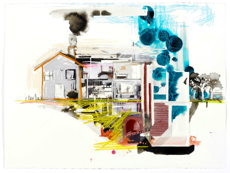 Margaret Curtis  I Dreamed I Found A House Inside My House, Accessible Only Through the Basement, 2020  gouache, ink, and marker on paper  30h x 22w in 76.20h x 55.88w cm  Framed: 33h x 25w in 83.82h x 63.50w cm, Painting of a cross section of a house with a second house underneath
