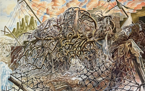 watercolor painting of a destroyed landscape after a flood. Debris includes leaning utility poles, piles of trees, water and a chainlink fence