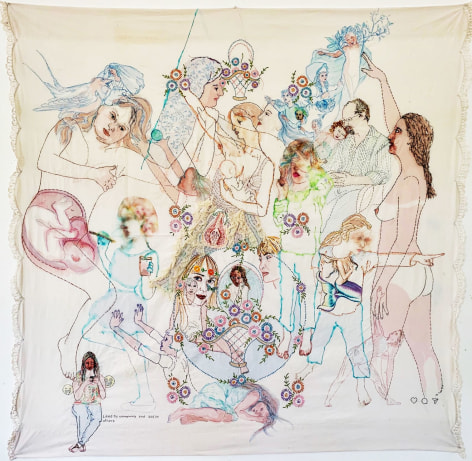 Hand embroidered vintage fabric with overlapping figures and other imagery