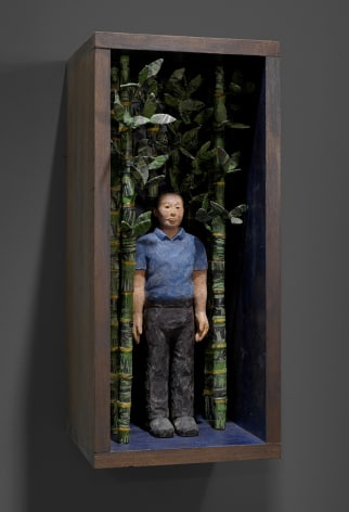 Sachiko Akiyama  In the Forest of Ghosts, 2016  Wood, Paint, Woodblock Prints, Wire  10 1/2h x 10w x 23 1/2d in. a self contained artificial ecosystem  with a figure in a bamboo like forest.