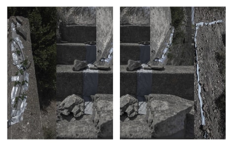 Dawn Roe  Francoist Bunker, Spain/France Border (Concrete, Cloth, Boulders, Tape), from the series &quot;Conditions for and Unfinished Work of Mourning: Beauty As a Appeal to Join the Majority of Those who Are Dead&quot;, 2017  Two Panel Archival Pigment Print  20 x 16 inches each, Asheville, Contemporary Art, Photography