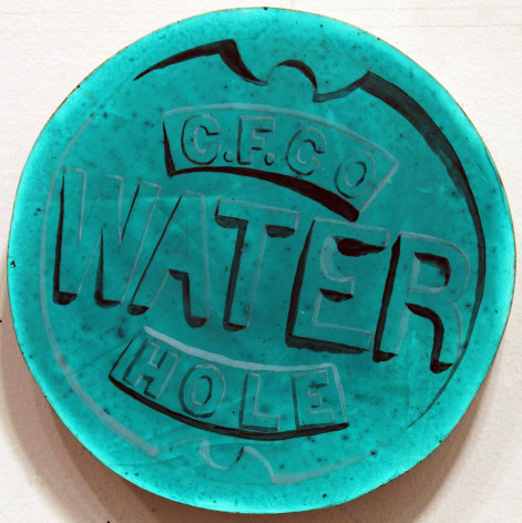 Hannah Cole  Water, 2013  Acrylic on shaped birch panel  10&quot; diameter, photo-realistic circular painting of a water meter.