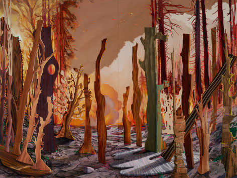 Painting of forest fire plywood tree cutouts, by Margaret Curtis