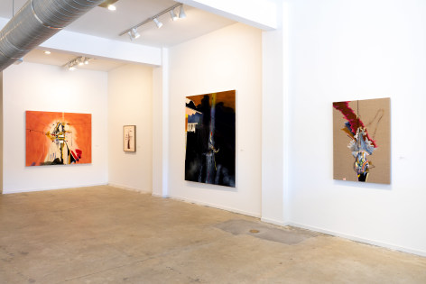 View of four paintings by Luke Whitlatch From left: Left side of the Route, Yard Life #2, Rise of the Rumble Man, Snout Down in the Ashy Ground.