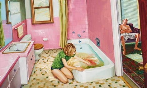 Image of young girl washing blood out of sheet in a bath tub