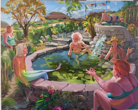 Margaret Curtis  The Healer's Wife, 2019  Oil on Panel  48h x 60w in 121.92h x 152.40w cm  MC_030, oil painting of a old man in a hot spring &quot;mansplaining&quot; to the 5 women bathing around him, southwestern landscape in the backgroung