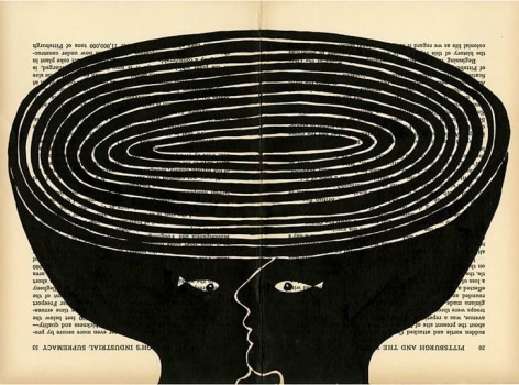 Graphic image of head with spiral on book page, by yen-Hua Lee