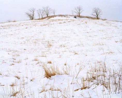 Jade Doskow  North Mound, Winter, 2019/2021  Archival pigment print  30h x 40w in, winter, snowy landscape of the north mound, very textural with sprouts of brown plants filling in the hill. There is a series of bare trees along the very high horizon line