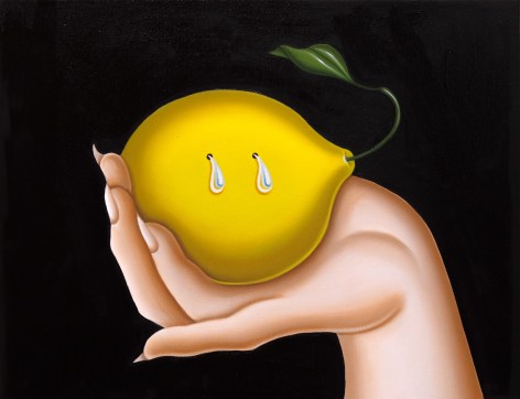 a feminine hand with sharp nails holds a lemon in her palm with two puncture marks, leaking juice