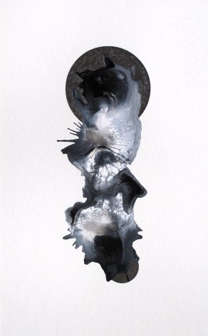 Ben Nixon  Walking on the Moon, 2021, vertical, black and grey acrylic abstraction with graphite spheres
