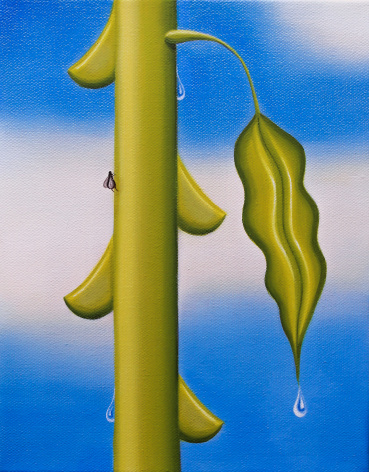 A green stalk like plant centrally located on the canvas sits in front of a cloud filled blue sky