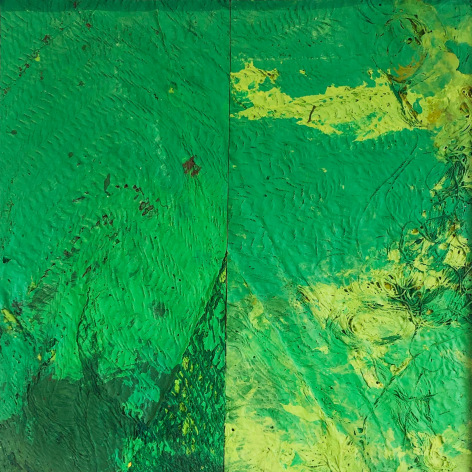 Randy Shull  Greenies #3, 2021  Acrylic and hammock on canvas  16h x 16w in 40.64h x 40.64w cm  RS_045, bright green acrylic with ochre and green hammock threads buried in paint
